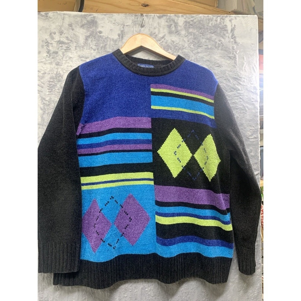 Woman Plus  Size Patchwork 1X Bold Color Crew Neck Sweater Geometric‎ Artsy